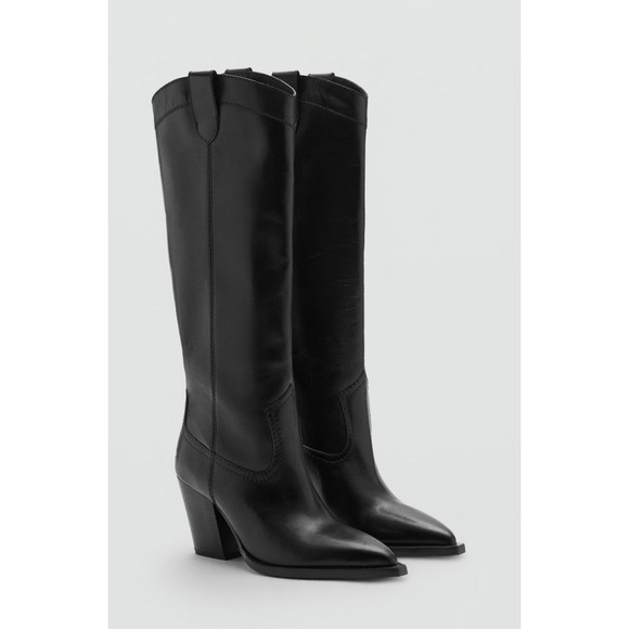 NEW MANGO MNG BLACK LEATHER COWBOY BOOTS SZ 38 7.5 - Picture 3 of 10
